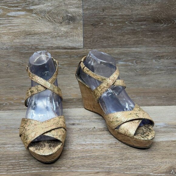 Alfani Jersey Cork Wedge Gold Reptile Pattern Strappy Sandal Women's Size 9 - Picture 6 of 6